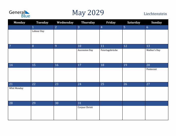 May 2029 Liechtenstein Calendar (Monday Start)