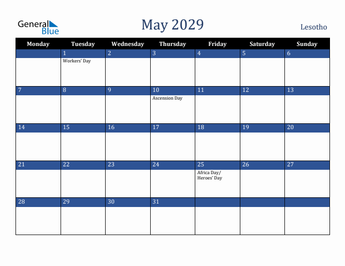 May 2029 Lesotho Calendar (Monday Start)