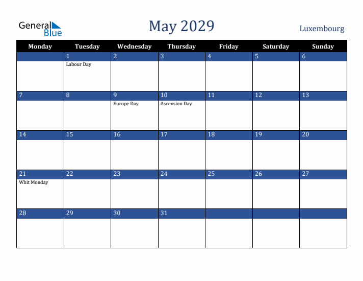 May 2029 Luxembourg Calendar (Monday Start)