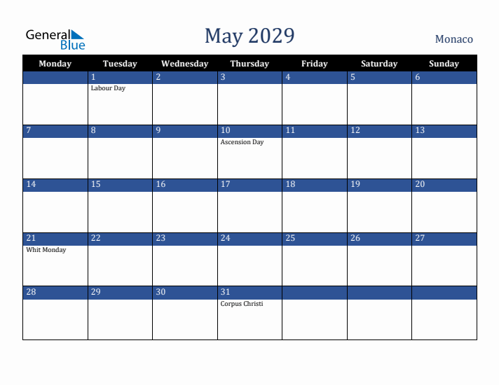 May 2029 Monaco Calendar (Monday Start)