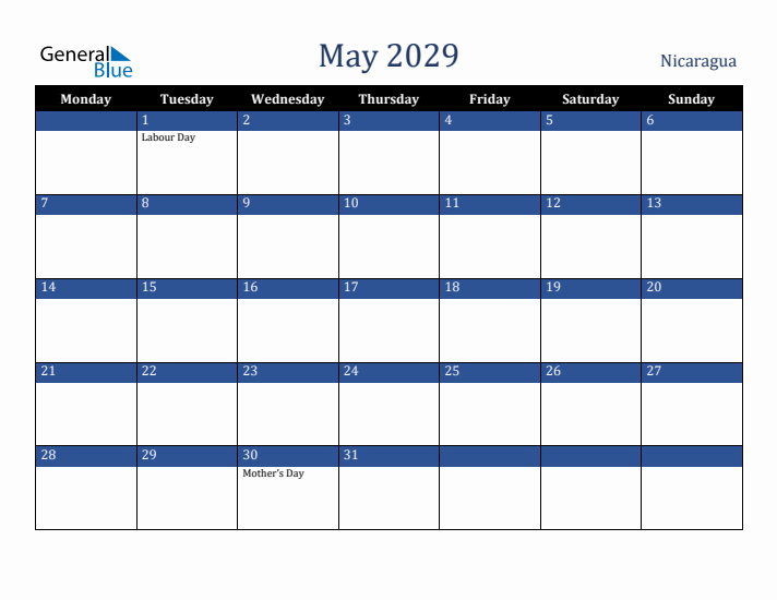 May 2029 Nicaragua Calendar (Monday Start)