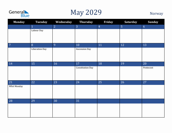 May 2029 Norway Calendar (Monday Start)