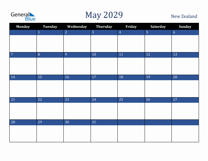 May 2029 New Zealand Calendar (Monday Start)