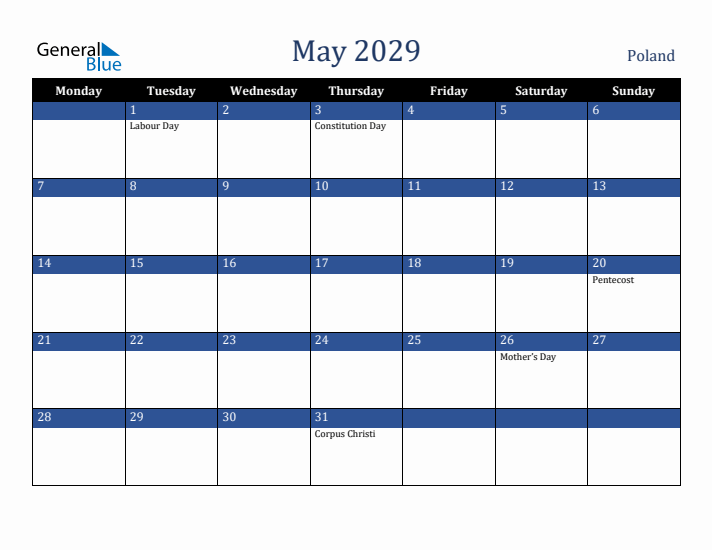 May 2029 Poland Calendar (Monday Start)