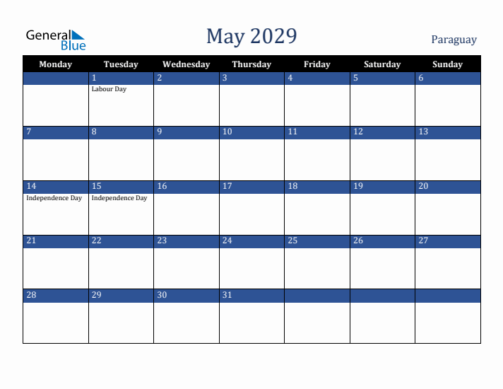 May 2029 Paraguay Calendar (Monday Start)