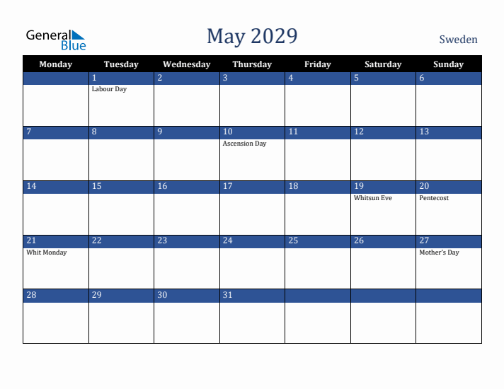 May 2029 Sweden Calendar (Monday Start)