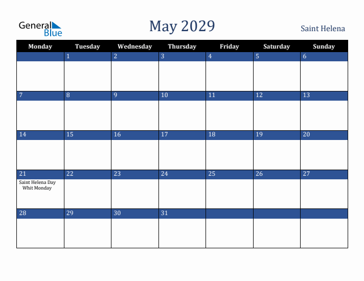 May 2029 Saint Helena Calendar (Monday Start)