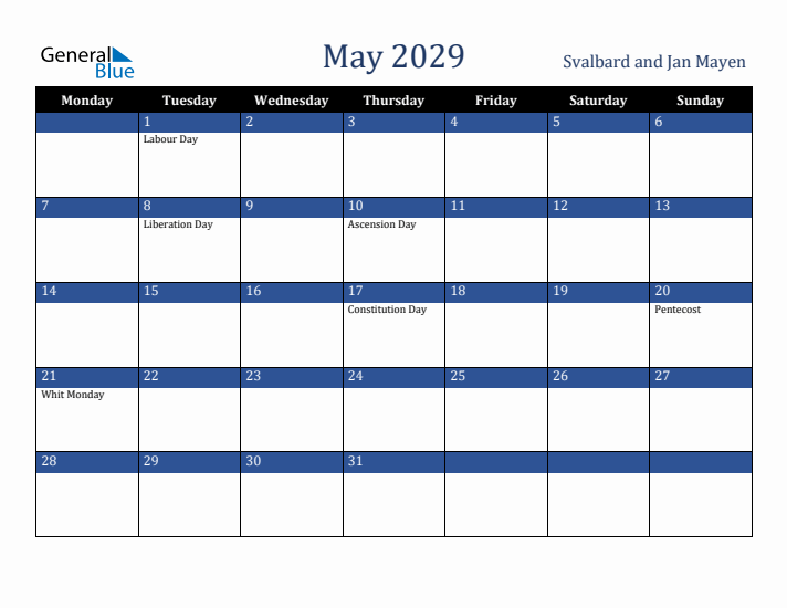 May 2029 Svalbard and Jan Mayen Calendar (Monday Start)