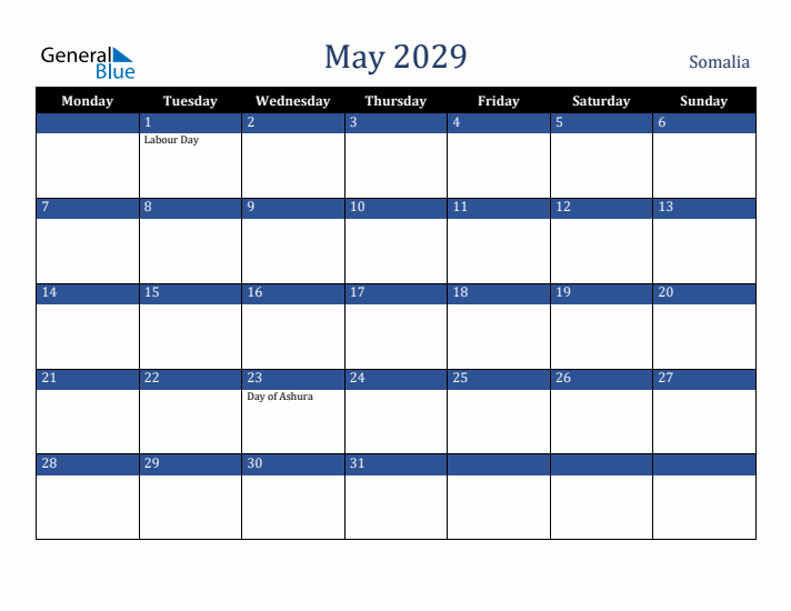 May 2029 Somalia Calendar (Monday Start)