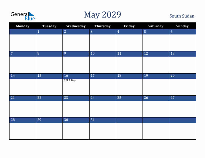 May 2029 South Sudan Calendar (Monday Start)
