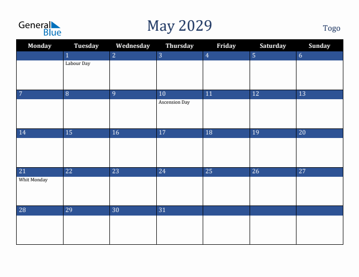 May 2029 Togo Calendar (Monday Start)