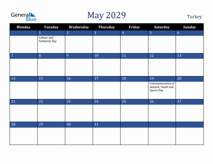 May 2029 Turkey Calendar (Monday Start)