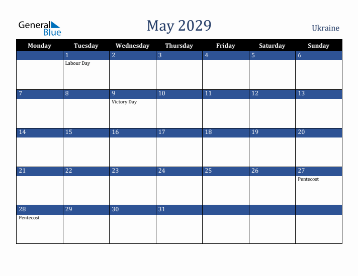May 2029 Ukraine Calendar (Monday Start)