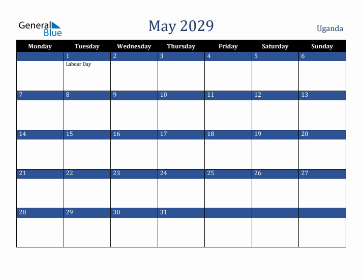May 2029 Uganda Calendar (Monday Start)