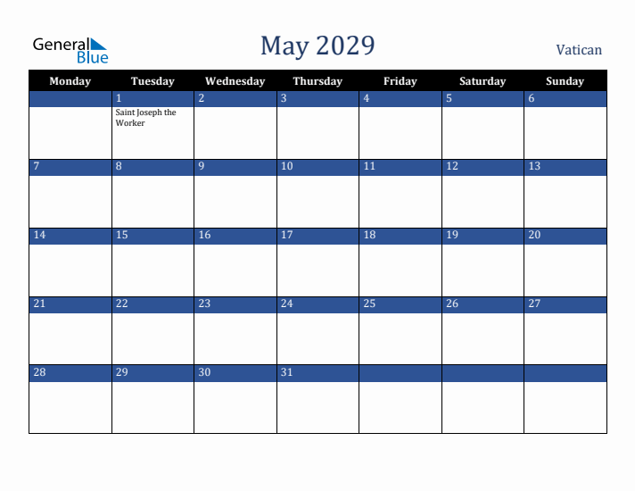 May 2029 Vatican Calendar (Monday Start)