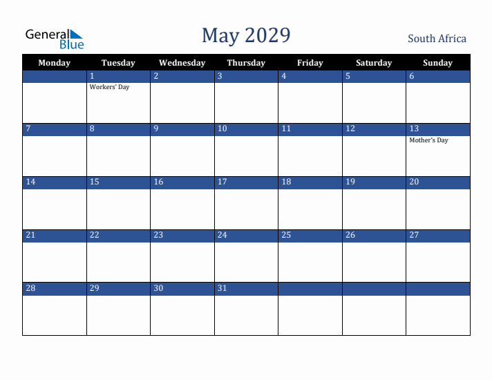 May 2029 South Africa Calendar (Monday Start)