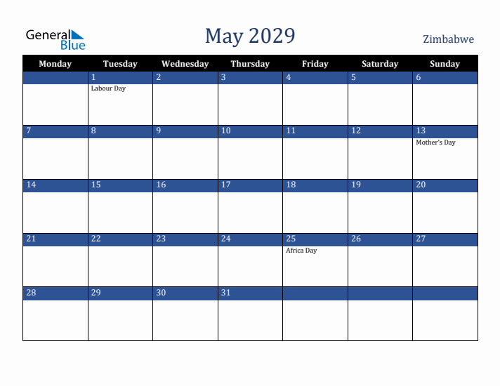 May 2029 Zimbabwe Calendar (Monday Start)
