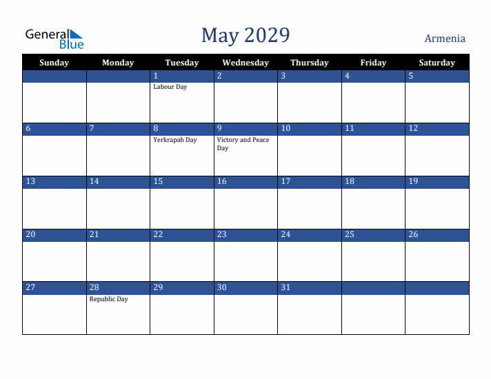 May 2029 Armenia Calendar (Sunday Start)