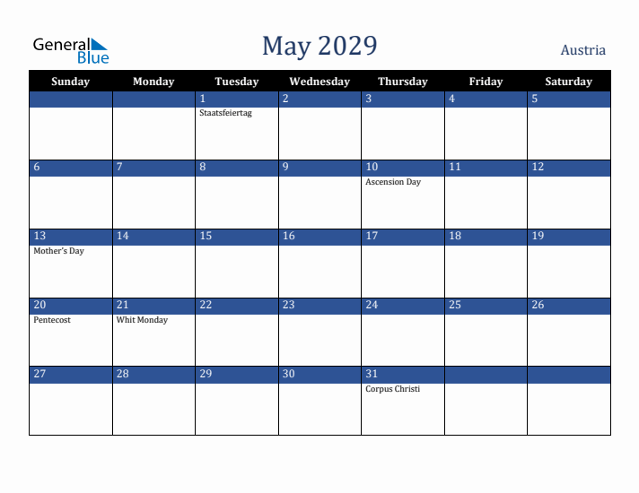 May 2029 Austria Calendar (Sunday Start)