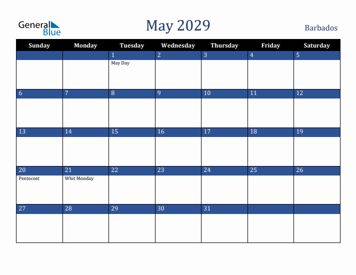 May 2029 Barbados Calendar (Sunday Start)