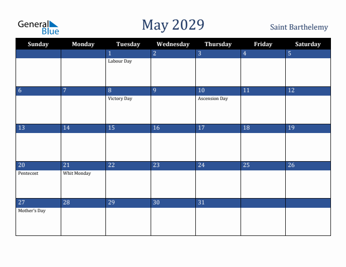 May 2029 Saint Barthelemy Calendar (Sunday Start)