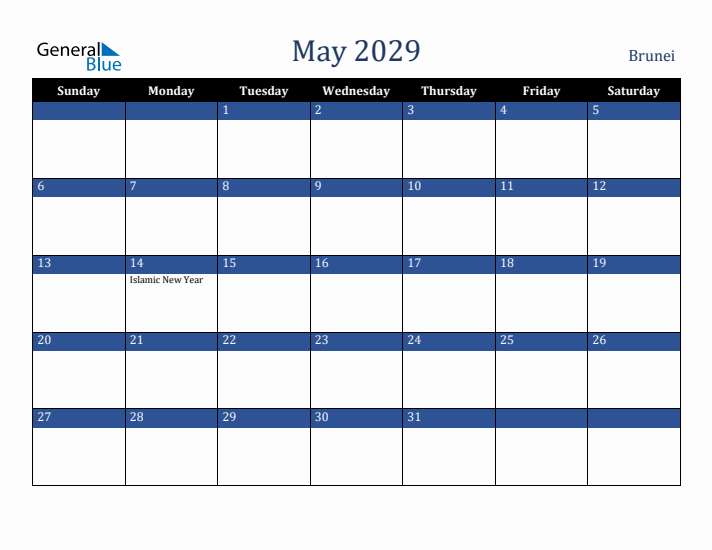 May 2029 Brunei Calendar (Sunday Start)