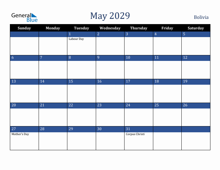 May 2029 Bolivia Calendar (Sunday Start)