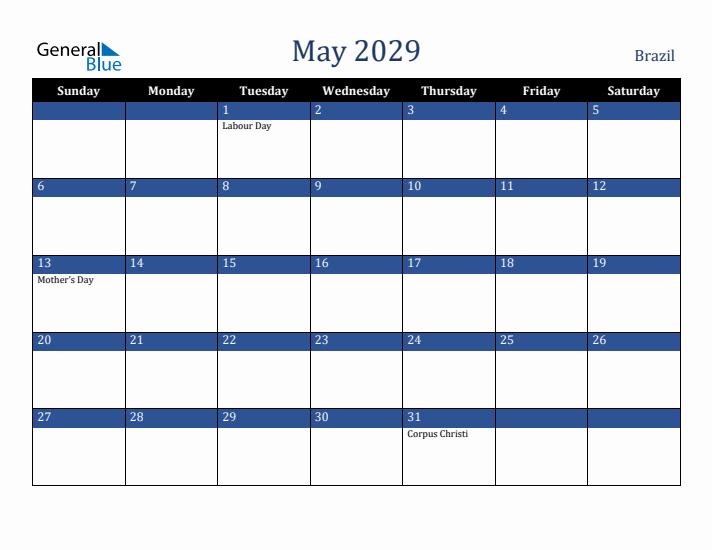 May 2029 Brazil Calendar (Sunday Start)