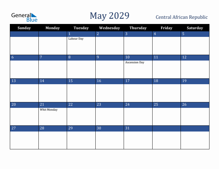 May 2029 Central African Republic Calendar (Sunday Start)