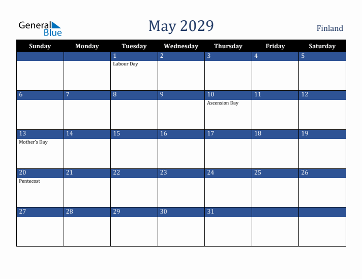 May 2029 Finland Calendar (Sunday Start)