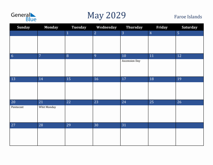 May 2029 Faroe Islands Calendar (Sunday Start)