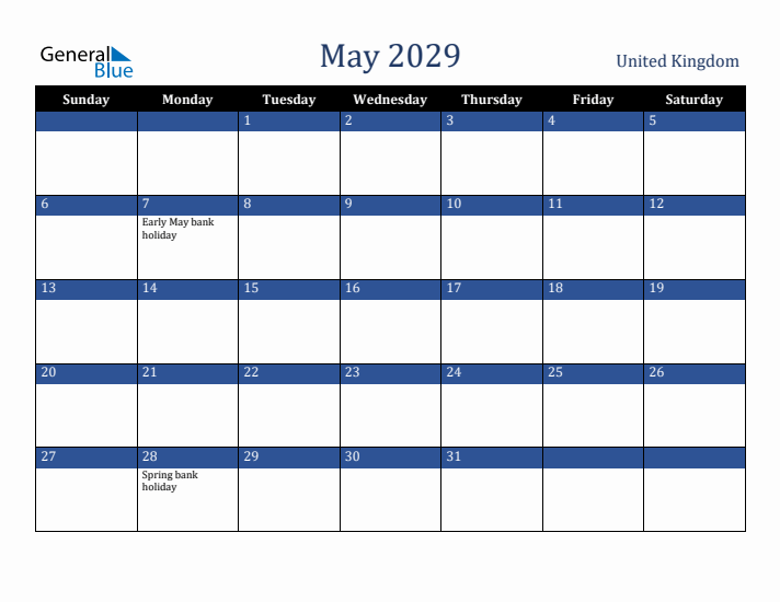 May 2029 United Kingdom Calendar (Sunday Start)