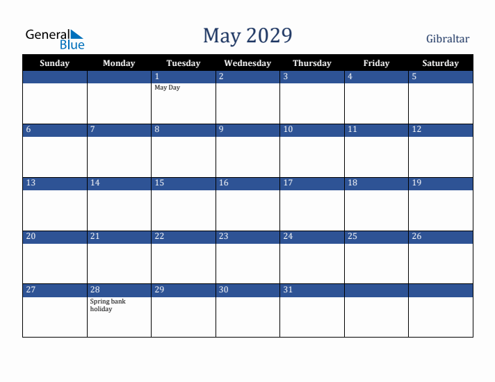 May 2029 Gibraltar Calendar (Sunday Start)