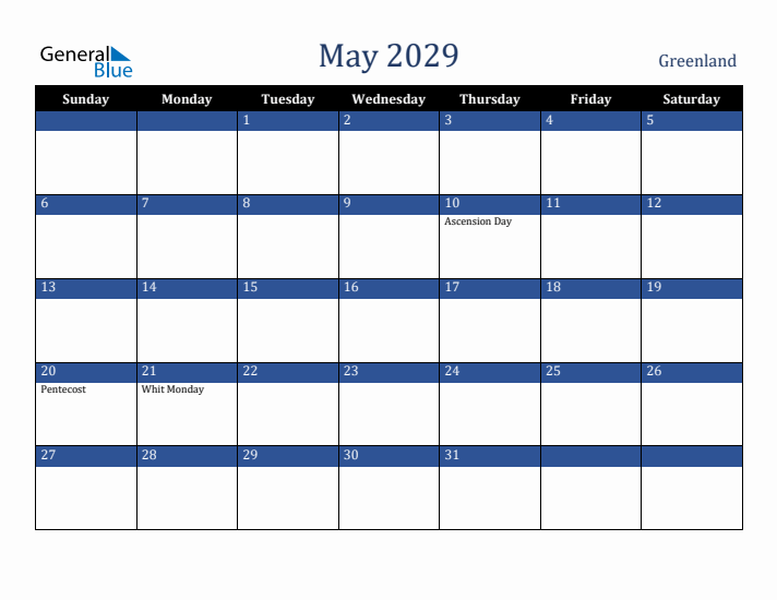 May 2029 Greenland Calendar (Sunday Start)