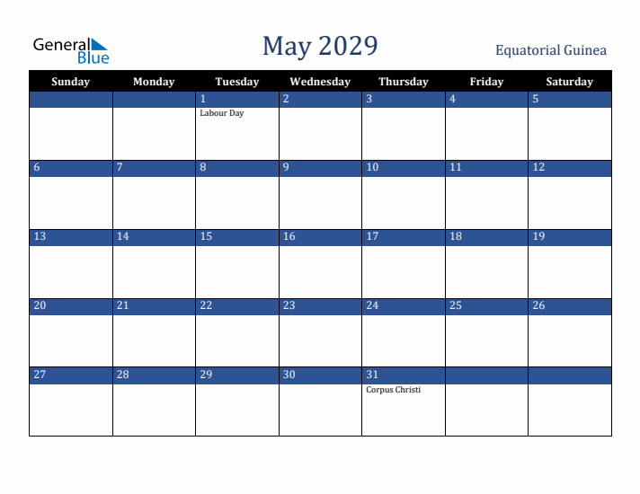 May 2029 Equatorial Guinea Calendar (Sunday Start)