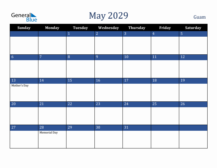May 2029 Guam Calendar (Sunday Start)