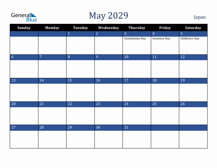 May 2029 Japan Calendar (Sunday Start)