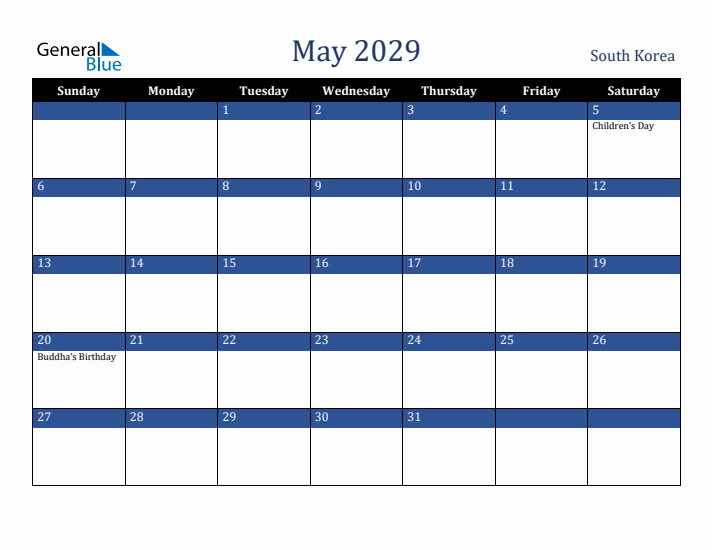May 2029 South Korea Calendar (Sunday Start)