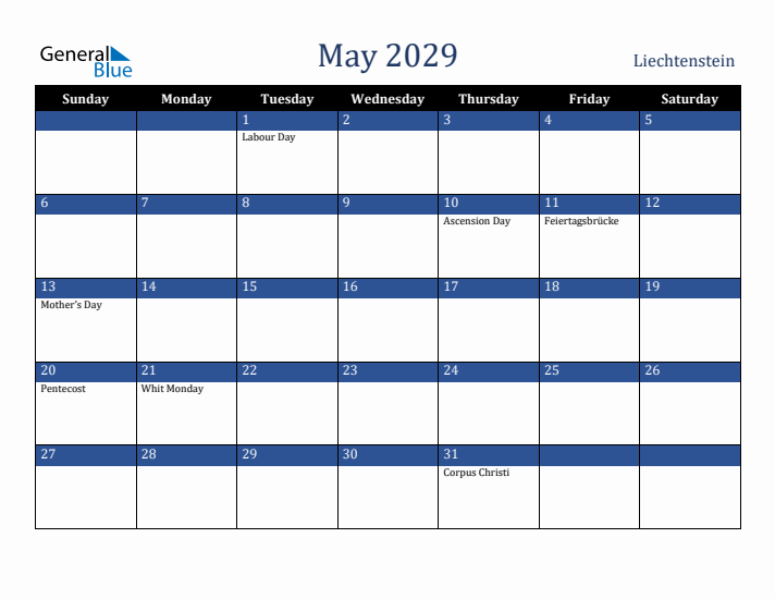 May 2029 Liechtenstein Calendar (Sunday Start)