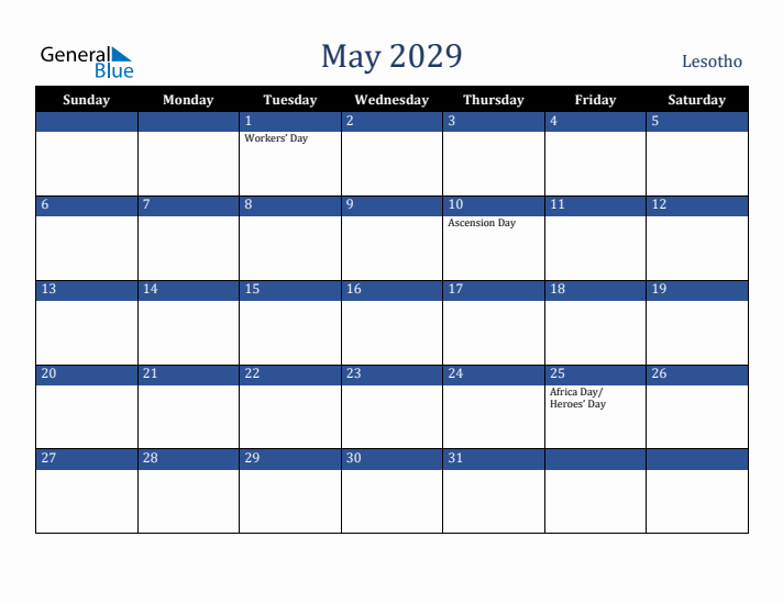 May 2029 Lesotho Calendar (Sunday Start)
