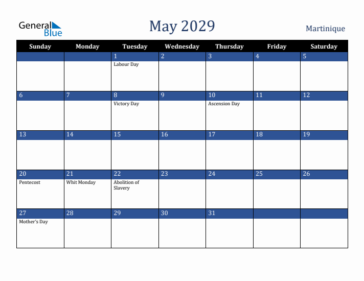 May 2029 Martinique Calendar (Sunday Start)
