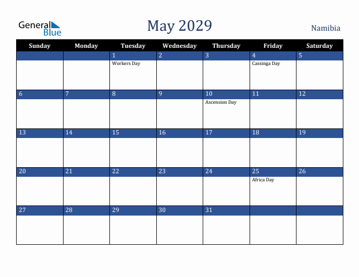 May 2029 Namibia Calendar (Sunday Start)