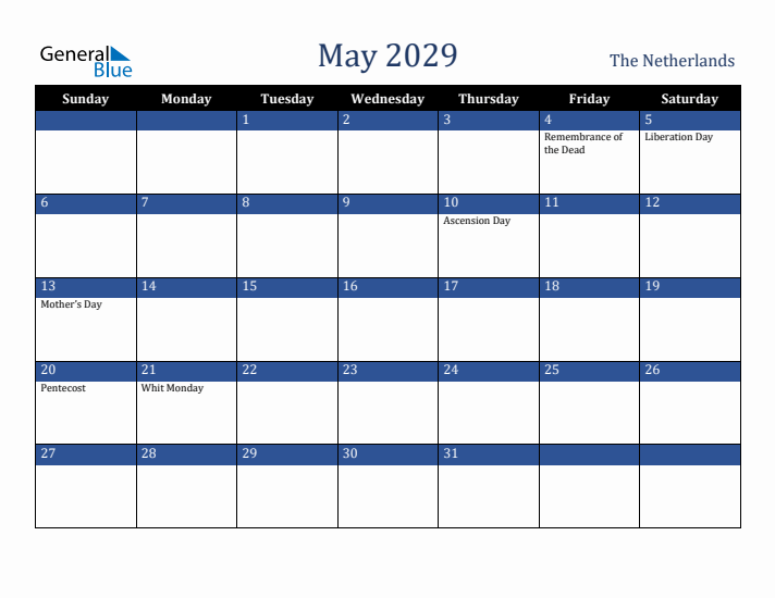 May 2029 The Netherlands Calendar (Sunday Start)