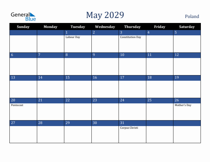 May 2029 Poland Calendar (Sunday Start)