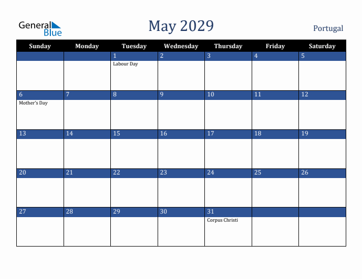 May 2029 Portugal Calendar (Sunday Start)