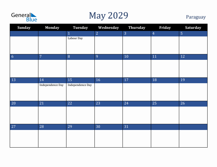 May 2029 Paraguay Calendar (Sunday Start)