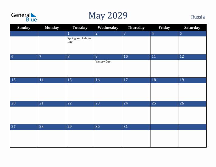 May 2029 Russia Calendar (Sunday Start)