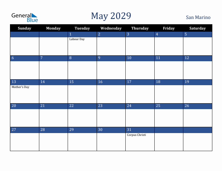 May 2029 San Marino Calendar (Sunday Start)
