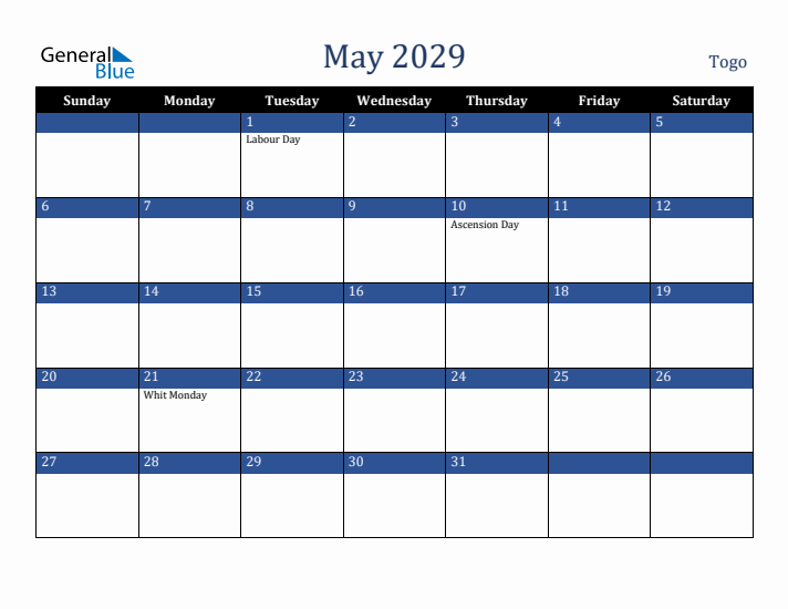 May 2029 Togo Calendar (Sunday Start)