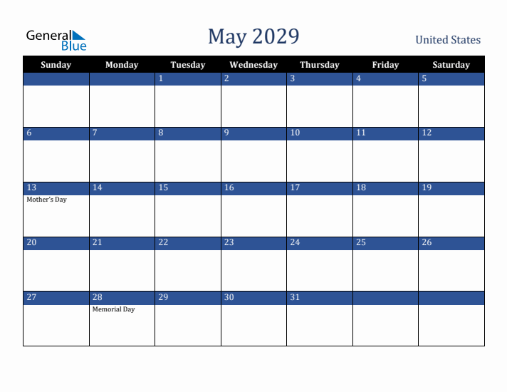 May 2029 United States Calendar (Sunday Start)